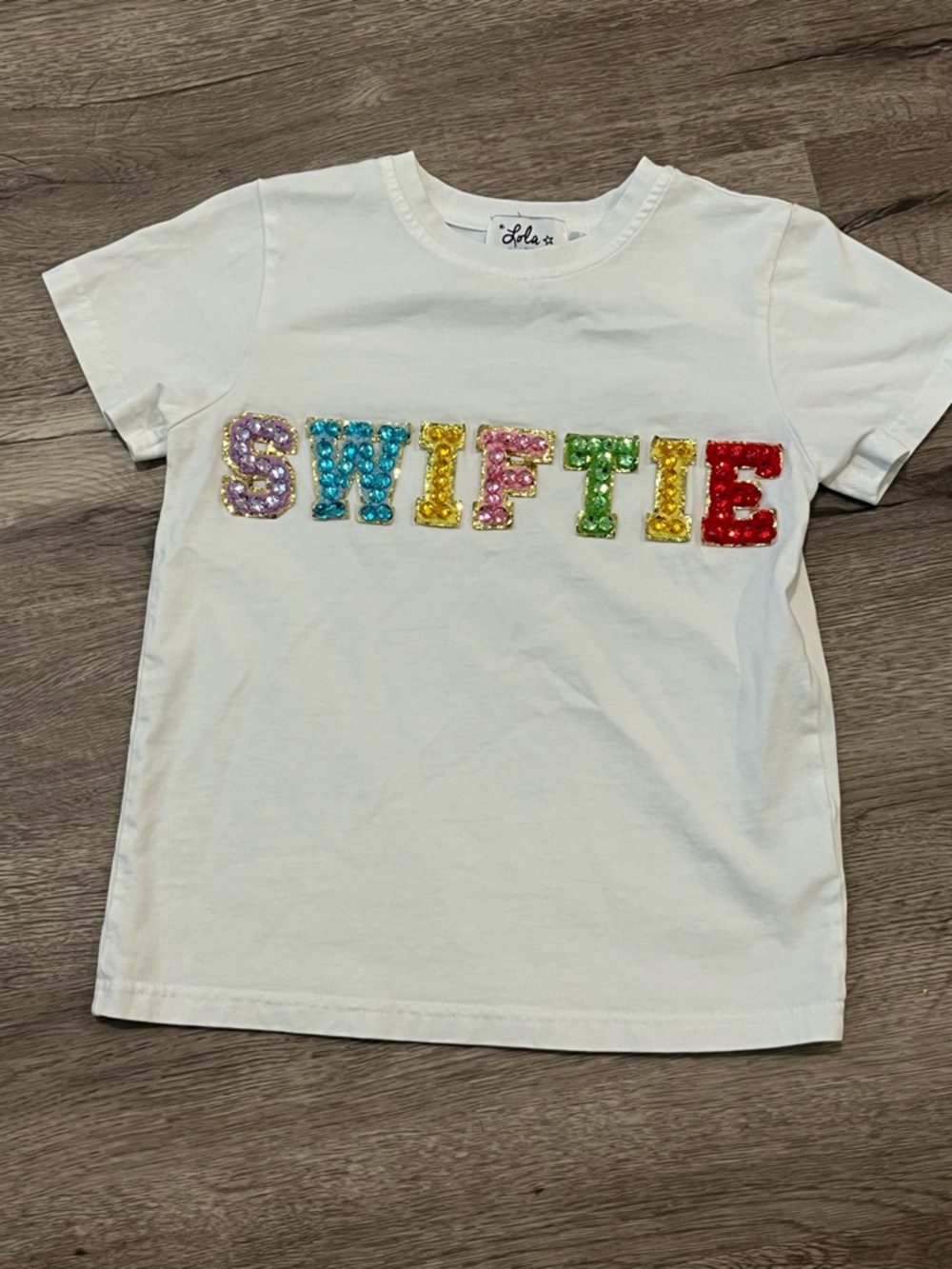 Lola + The Boys White Tee with Multicolor Crystal  "SWIFTIE" 7 Taylor Swift
